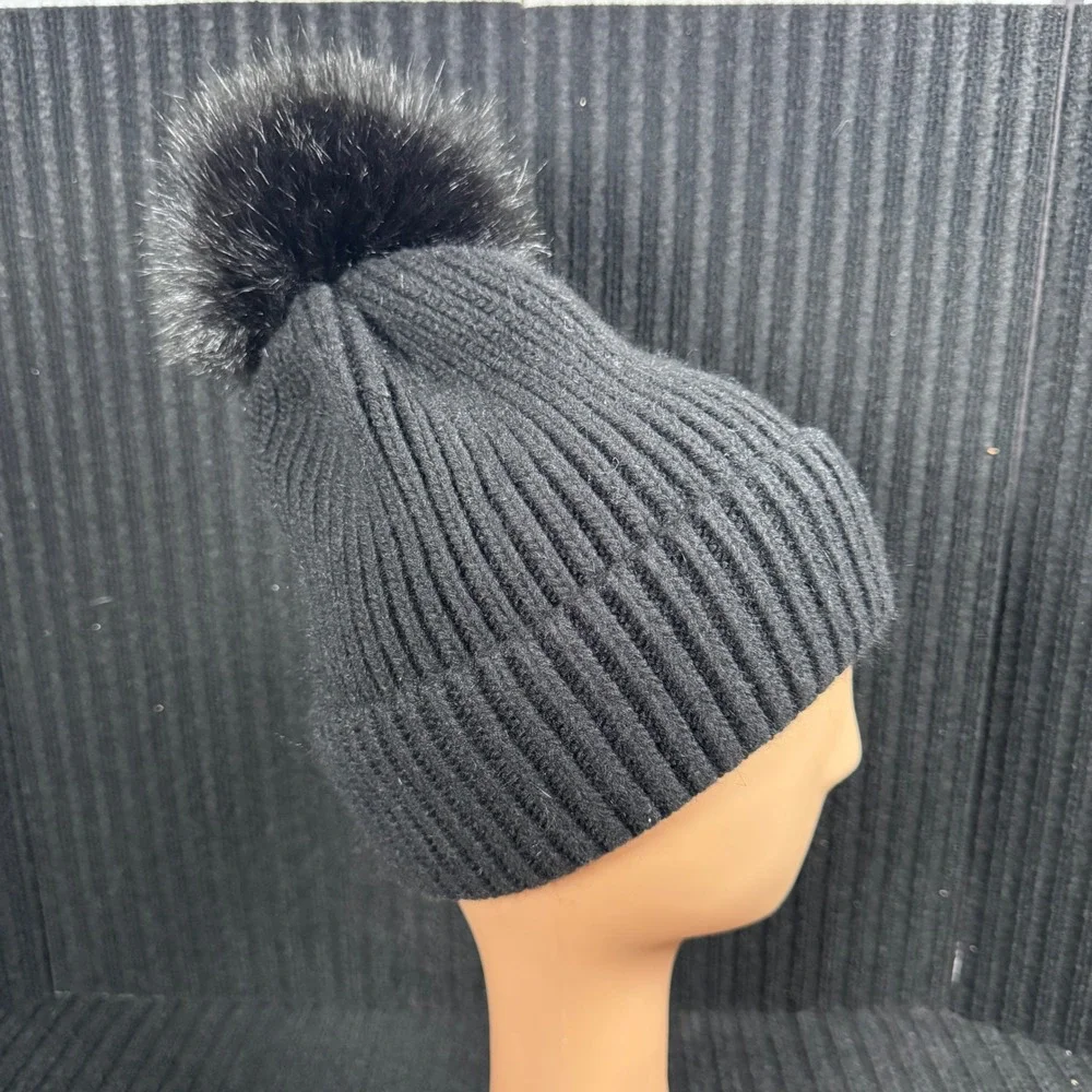 Women's Norla‎ Canada Black Alpaca Wool Blend Ribbed Faux Fur Pom Beanie Hat